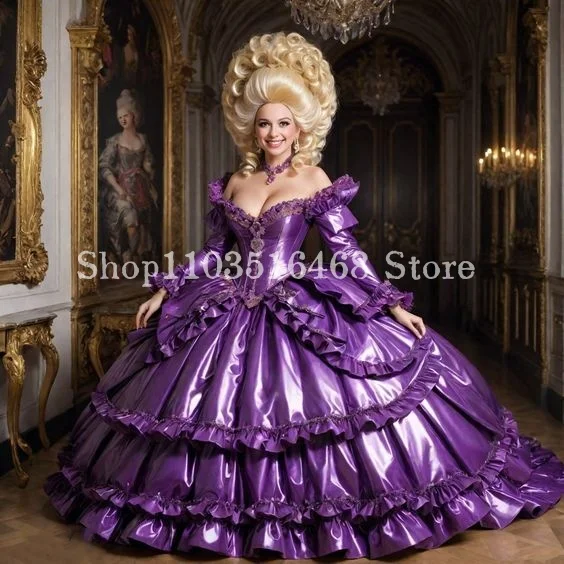 Puffy Queen Victoria Evening Dress Grape Purple Long Sleeve Corseted Satin Pleated Poncho Medieval Times Masquerade فساتين سهرة