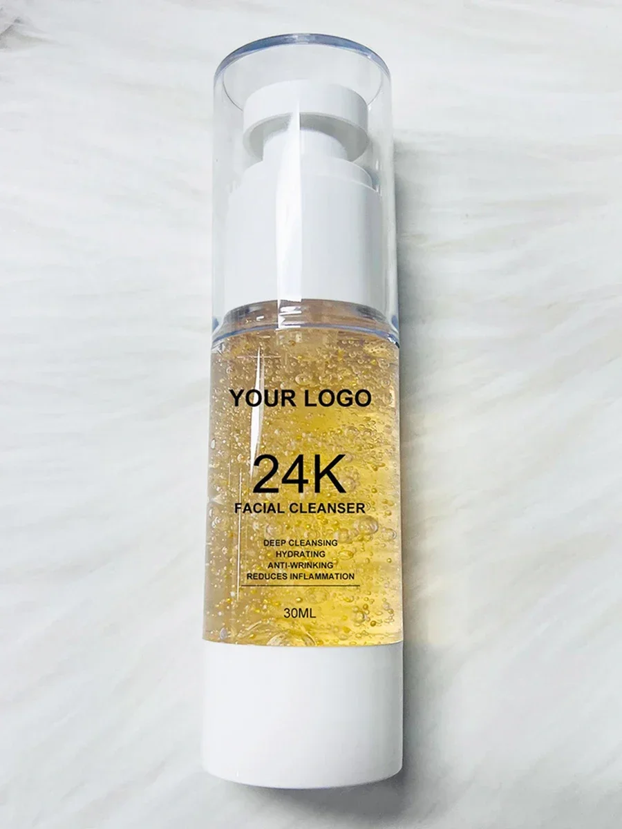 24K Gold Facial Cleanser, Estoque Profundo em Massa Personalizado, Espuma Rica Não Irritante, Suavize a Maquiagem da Pele, Private Label, 30ml