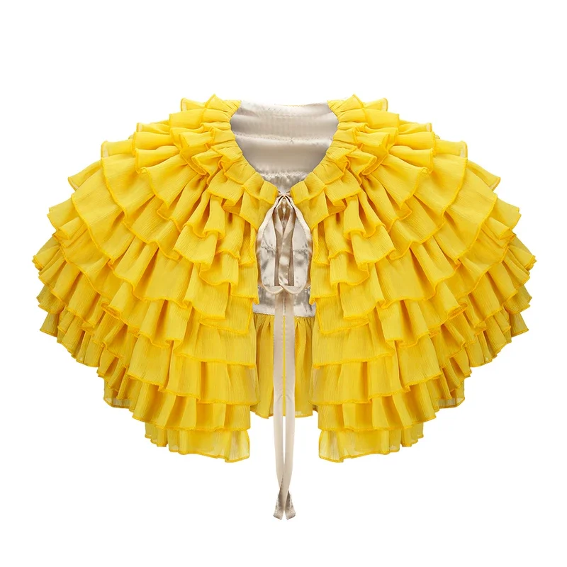 Movie Poor Things Belle Baxter Shawl Bright Yellow Color Multilayer Lace Cape Cosplay Outfits for Women