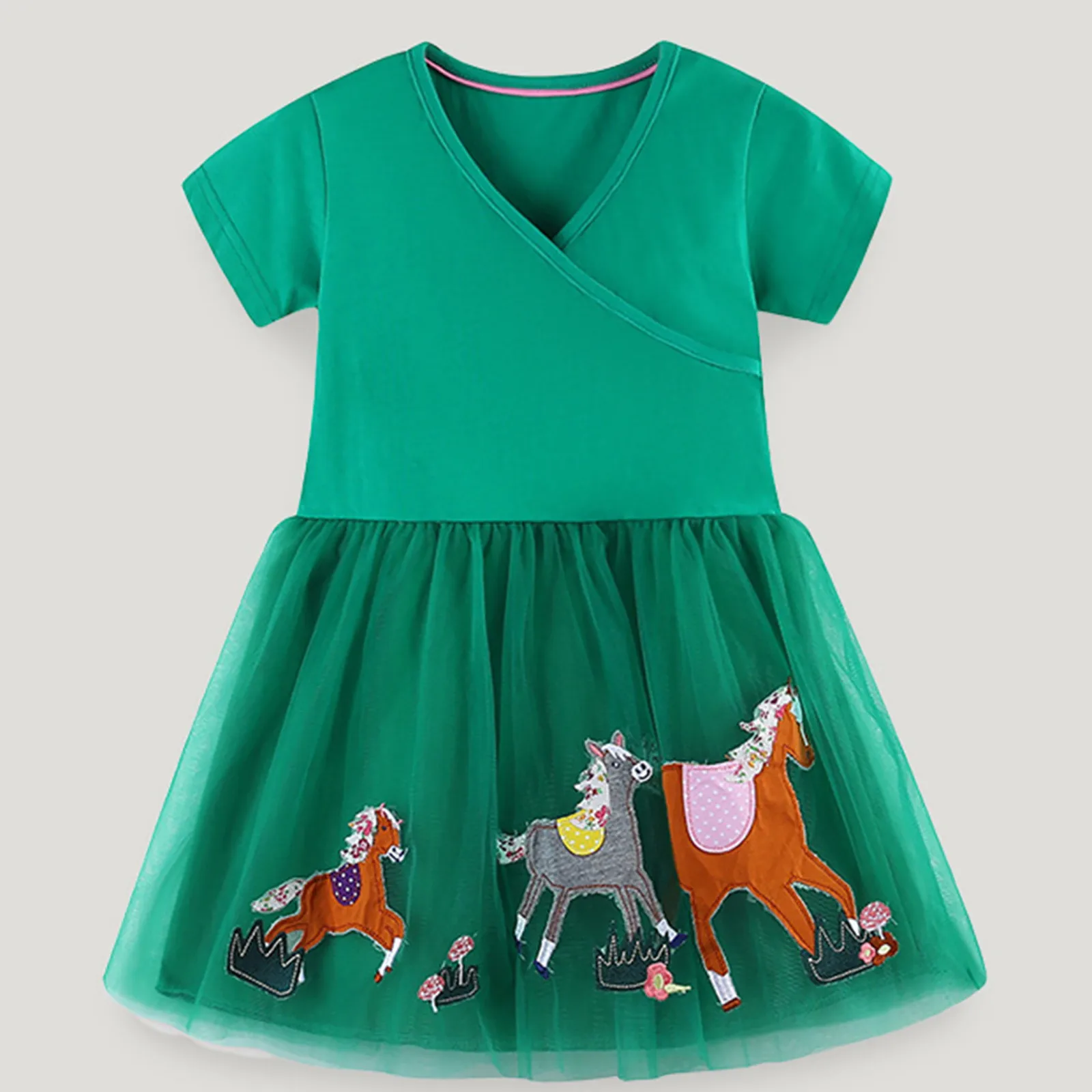 Summer Green Toddler Girls Tulle Dress 1 23 4 5 6 7yrs old Short Sleeve V Neck Horse Print Pattern Dress Kid Casual Mesh Dress