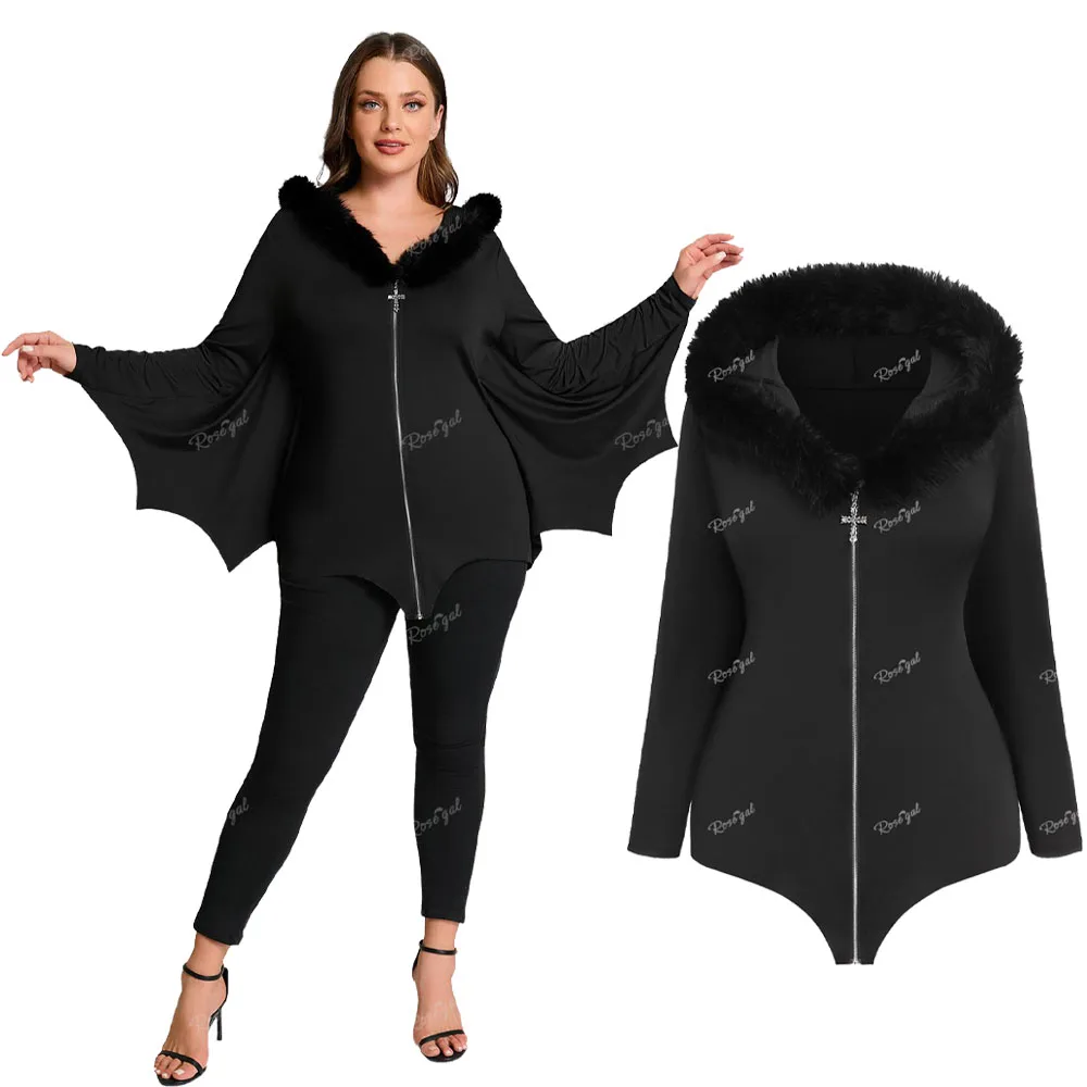 ROSEGAL Plus Size Women\'s Full Zipper Fur Neck Bat Wing Hooded Coat Black High Stretch Jackets Casual Spring Autumn Outwear Tops