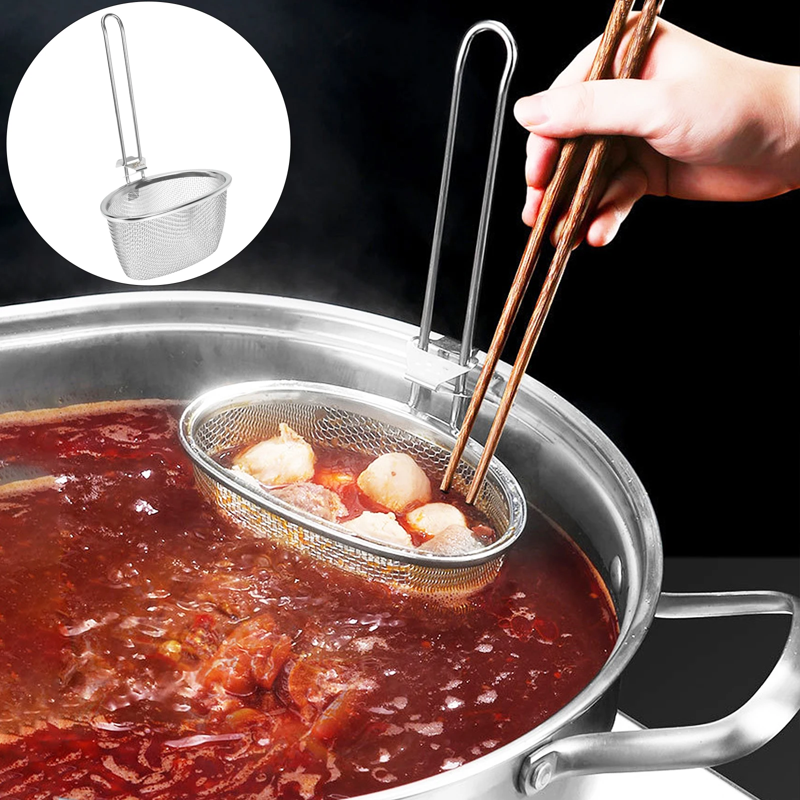 

1pcs Stainless Steel Colander Spoon Fine Mesh Skimmer For Hot Pot Noodles Frying Food Strainer Kitchen Gadgets Hanging Design