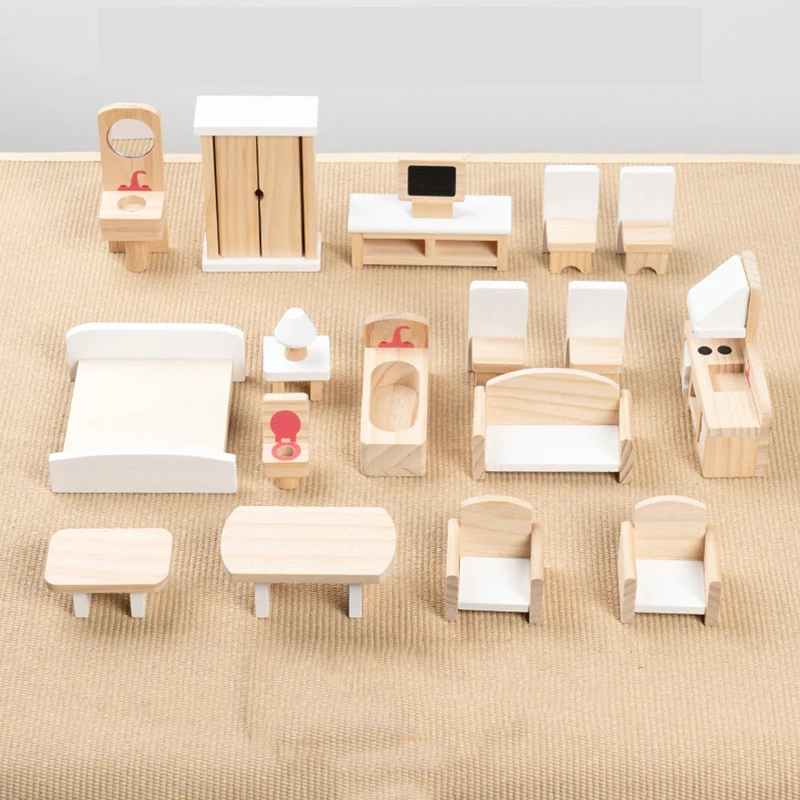 Wooden Miniature Furniture Model House Accessories, Living Room, Kitchen, Bath, Bedroom Scene Decorations, for Pretend Play, Dol