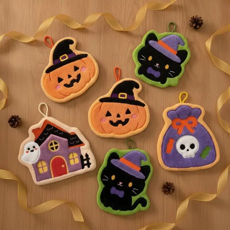Cute Halloween Pumpkin Hanging Hand Towels Eco-friendly Coral Velvet Wipes for Kitchen Bathroom Daily Use