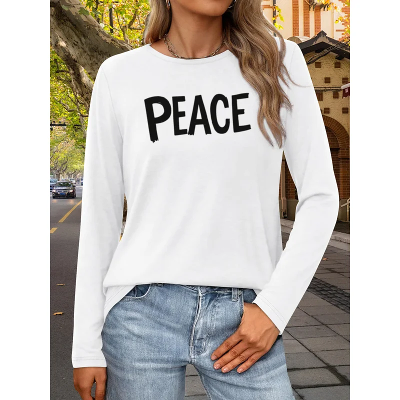 Women's peace slogan top Printed "PEA" words, round neck, long-sleeved, casual style