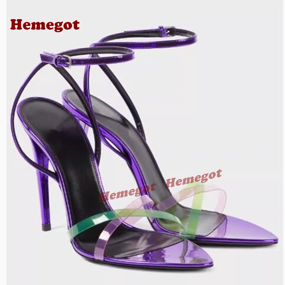 Purple Pvc Slingback Thin Sandals Pointy Toe Stiletto Heels Buckled Women's Sandals 2026 New Arrival Glossy Patchwork Summer