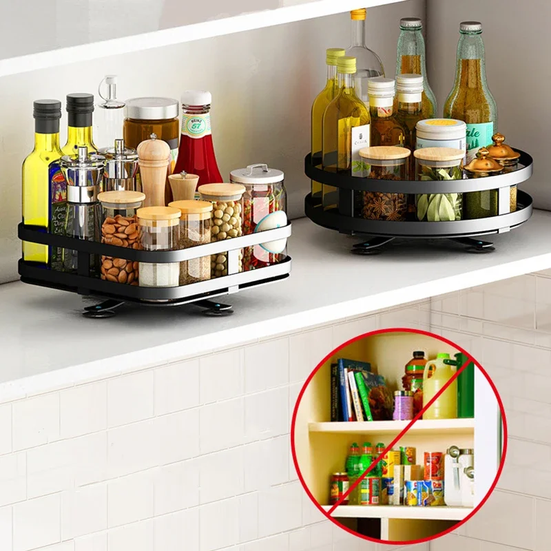 Kitchen Multi-Tier Organiser Spice and Seasoning Bottle Organiser Height Adjustable 360° Swivel Non-Slip Base Sturdy Carbon Ste