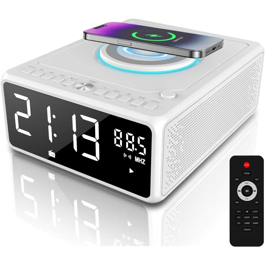 

G Keni Elegant CD Player Alarm Clock Radio with Wireless Charging Station FM Radio No AM Bluetooth Boombox with Remote MP3/USB