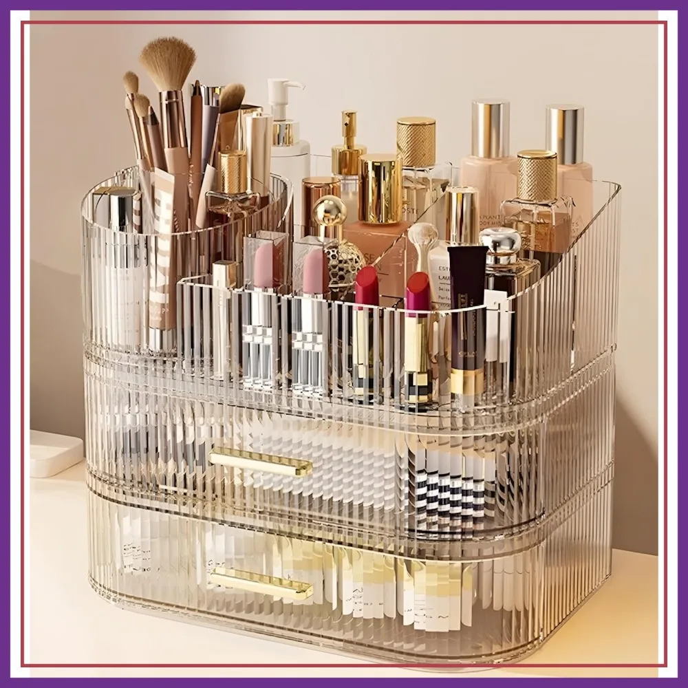 

3-Tier Clear Makeup Organizer with 360° Rotating Brush Holder, Large Capacity Cosmetic Storage for Vanity, Skincare & Jewelry