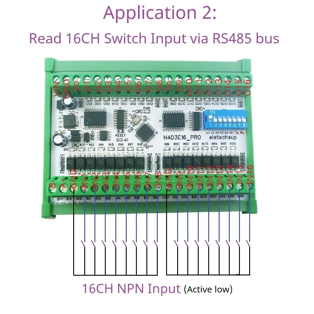 16ch Bidirectional Full-duplex Transparent Transmission of Digital IO RS485 Modbus RTU Module N4D3E16 Pro DIP Switch Board