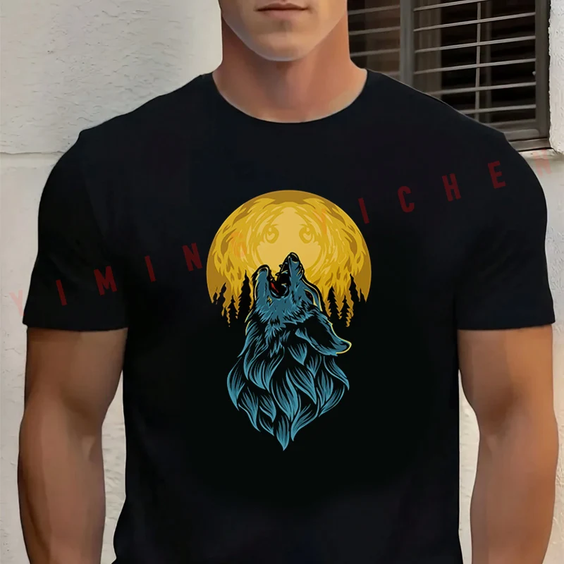 

Men's Summer Cotton T-shirt Wolf Roaring On The Moon Graphic Motorcycle Tee Casual Short-sleeve Motorbike Cycling Top
