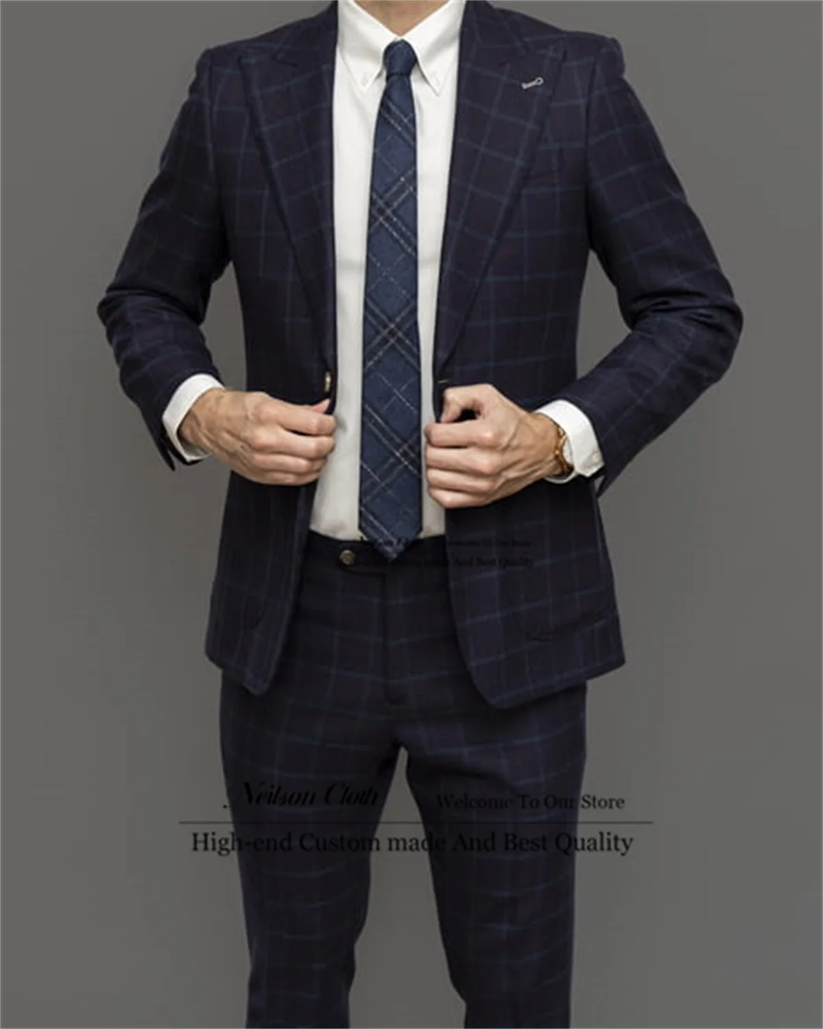 

Formal Plaid Men Suits Peaked Lapel Groom Wedding Tuxedos 2 Pieces Sets Male Prom Blazers Groomsmen Slim Fit Terno Masculino
