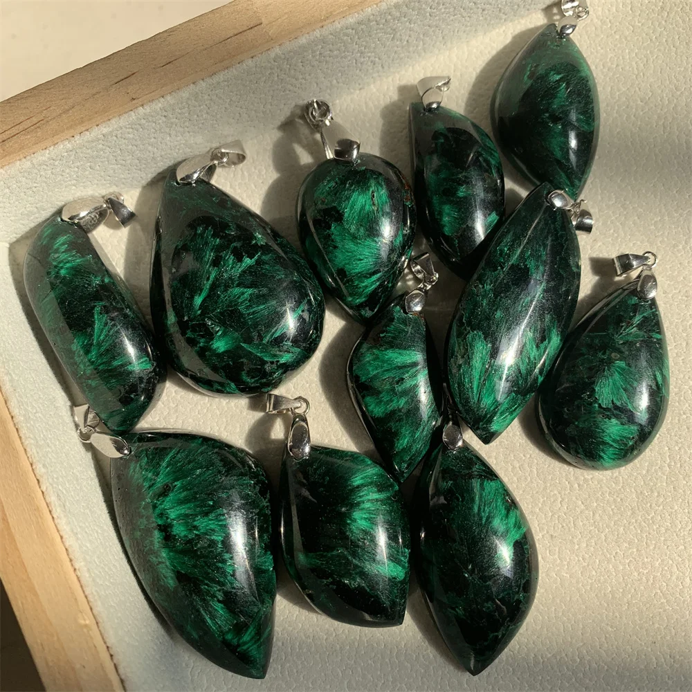 Natural Green Silk Velvet Malachite Pendants Necklaces Malachite Associated Minerals Healing Bead Chrysocolla Jewelry 925 Silver