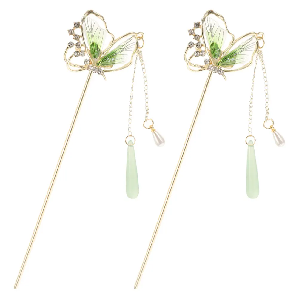 

Vintage Green Butterfly Tassel Hairpin Chinese Style Handmade Hair Stick for Women Hair Bun Accessories Butterfly Hairpin