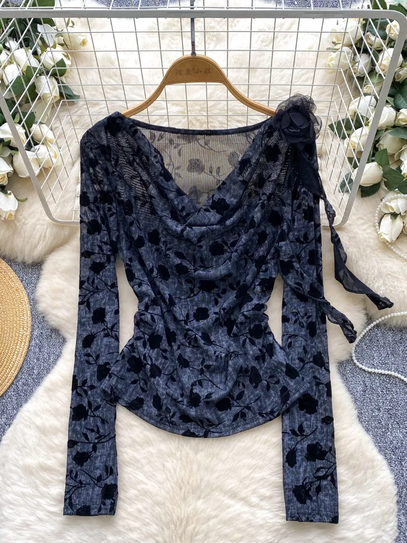 Foamlina Retro Romantic Atmosphere Floral Cowl Neck Top Women Autumn Slim Fit 3D Flower Beautiful Elegant Blouse T-shirt