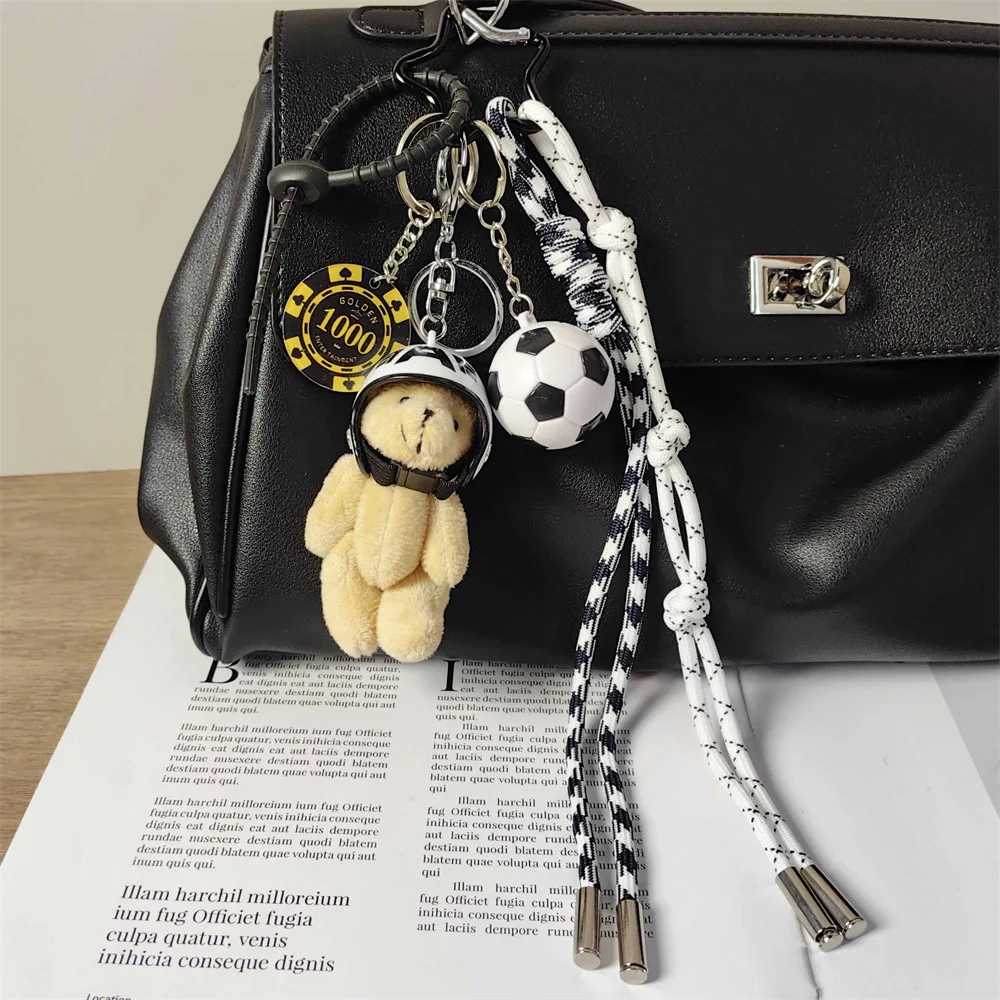 Miu series style Key chain Cute helmet bear Backpack pendant Hand woven rope Football decoration