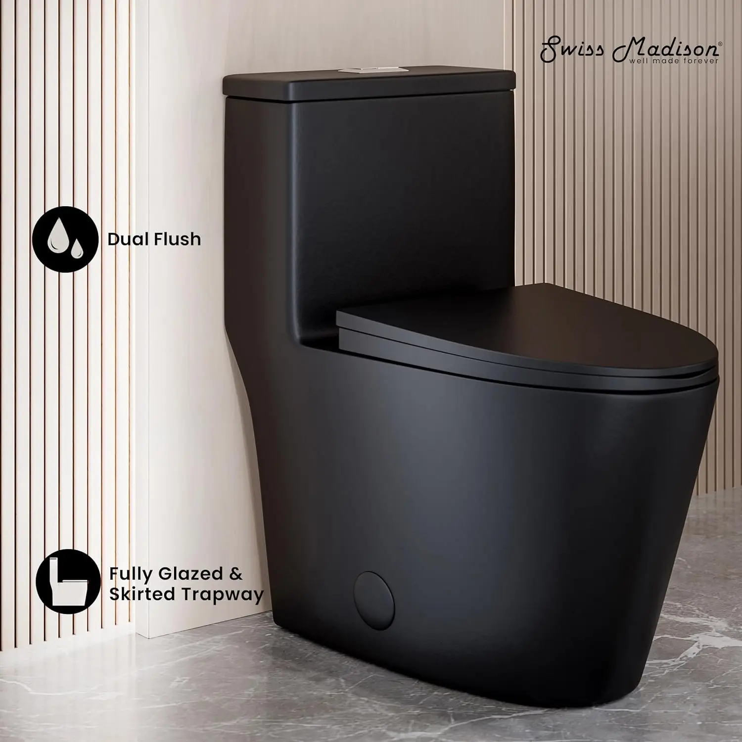 Dreux One Piece Toilet Modern Toilets For Bathrooms ADA Toilet Black Toilet Elongated Dual Flush 0.95/1.26 GPF Matte Black