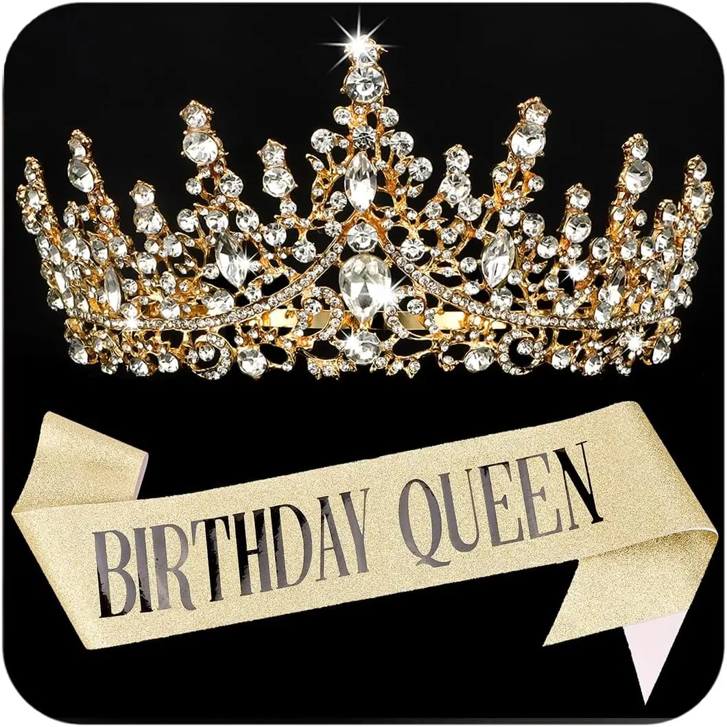 

Silver Birthday Sash and Tiara Set Glitter Crown Rhinestone Headband Party Decorations for Women Girls
