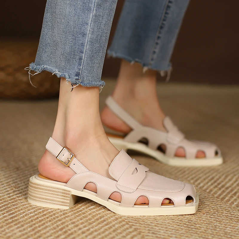 2023 new Women sandals natural leather 22-25cm washed cowhide+pigskin full leather Vintage Roman sandals fashion women shoes