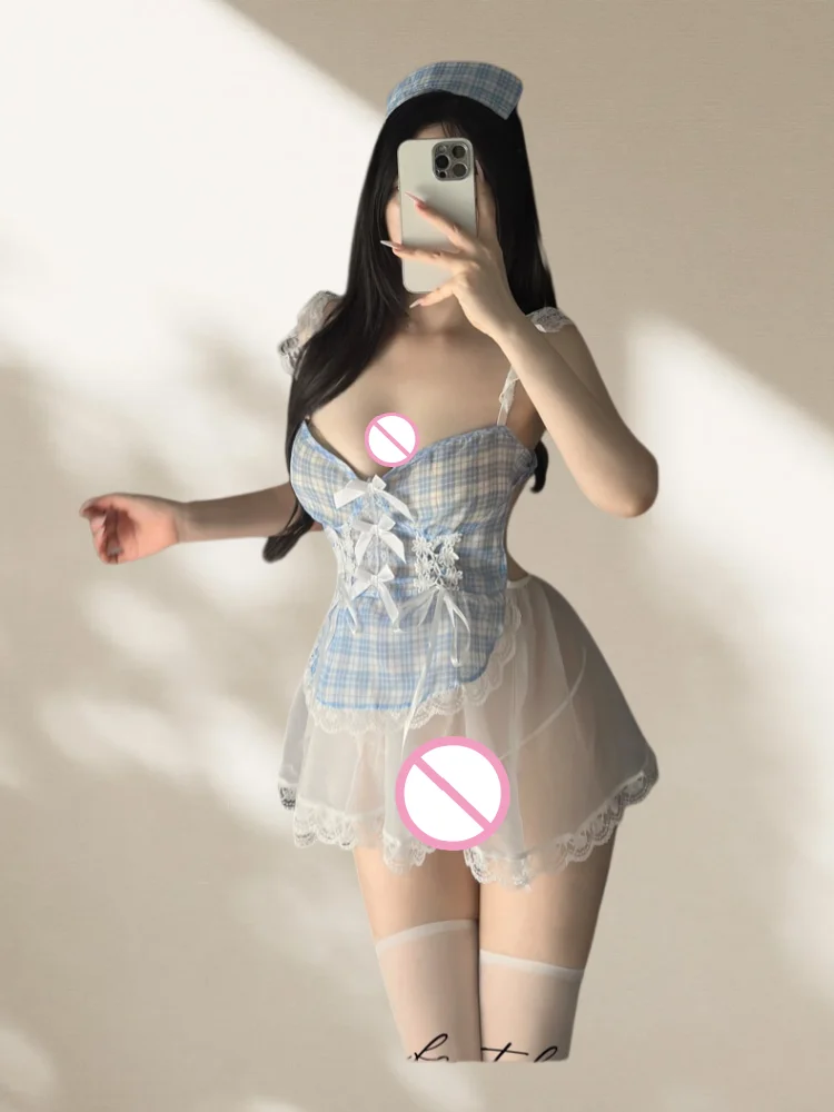 Nuevo y seductor disfraz de sirvienta dulce y linda, lencería erótica transparente con tiras cruzadas, estilo japonés, para un puro deseo.