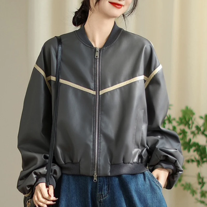 Masss Wasss Autunno Donna Tempo libero Moda allentata Giacche classiche in PU Giacche a vento vintage da donna Cappotti eleganti con scollo a V in ecopelle