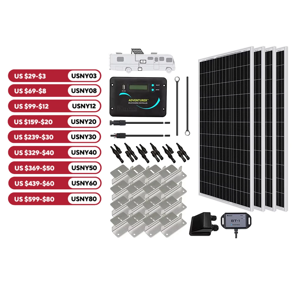 Renogy 400 Watts 12 Volts Monocrystalline Solar RV Kit Off-Grid Kit with Adventurer 30A PWM LCD Charge Controller