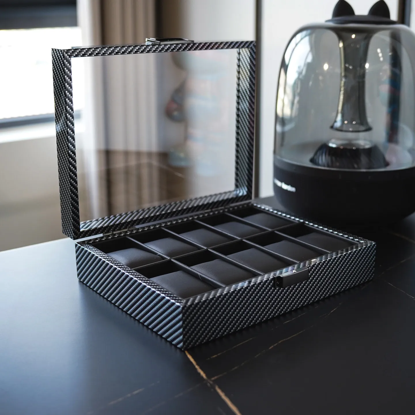 Lorvo 10 Slots Carbon Fiber Texture Watch Storage Box with Transparent Lid Jewelry Display Organizer for Men Women Watch Winder