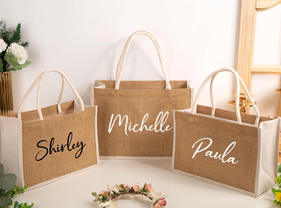 

Personalized Burlap Tote Bag Bridesmaid Gift Custom Name Jute Bag Beach Bag Wedding Favor Gift for Her Mothers Day Gift