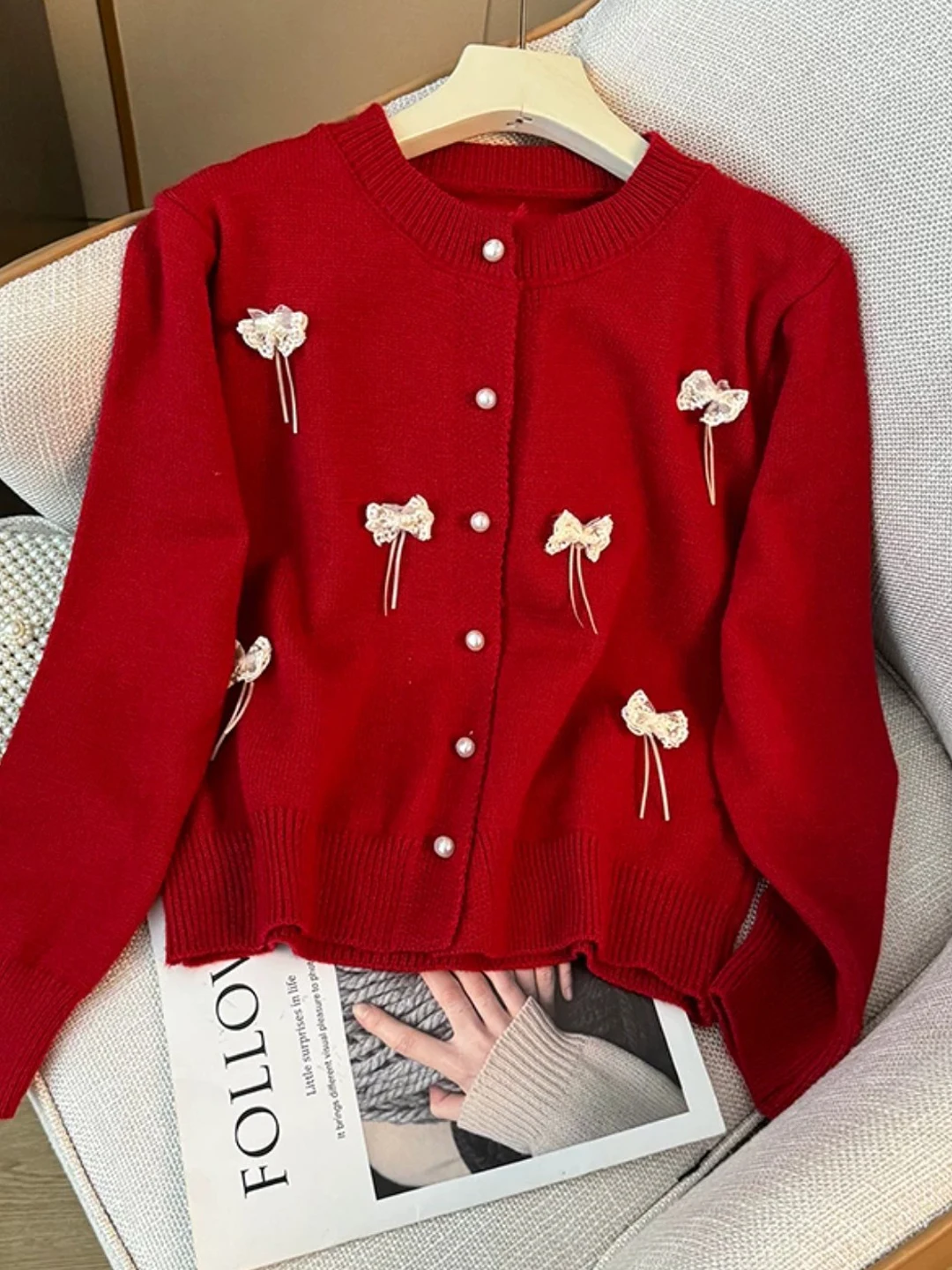 Elegant Long Sleeve Knitted Open Cardigan Women's Design Sensation Age Reduction  Knot Lace Spring Autumn New Style