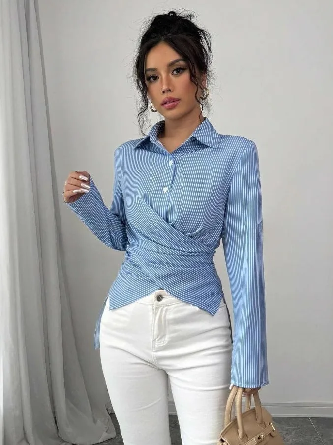 Femmes coupe ajustée longue Sve irt avec cravate à bandes décontracté Sle Faionable Ele dames Premium Quali vêtement chinois