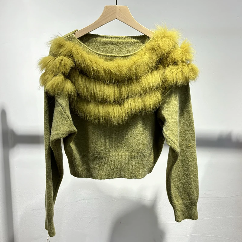 2025 여성 겨울 두꺼운 사랑스러운 여우털 칼라 천연 여우털 소녀 가을 짧은 스웨터 니트 코트