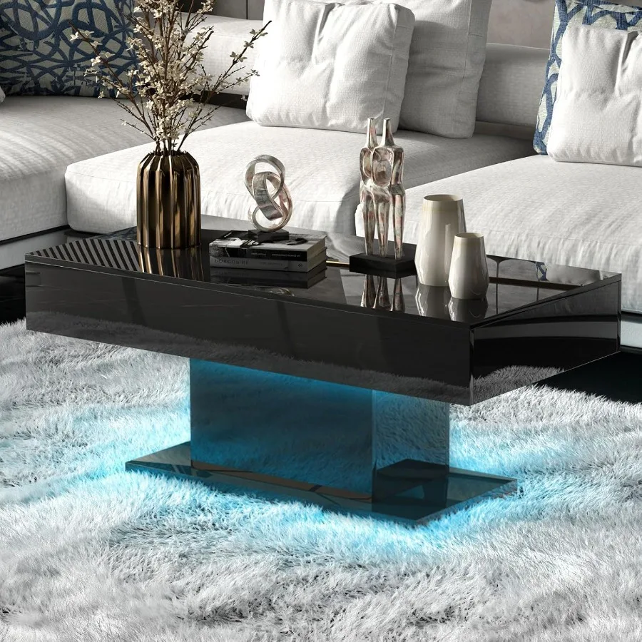 LED Coffee Table for Living Room, Rectangular Center Table, Acrylic Material, White, Touch-Control Lighting and Modern Design