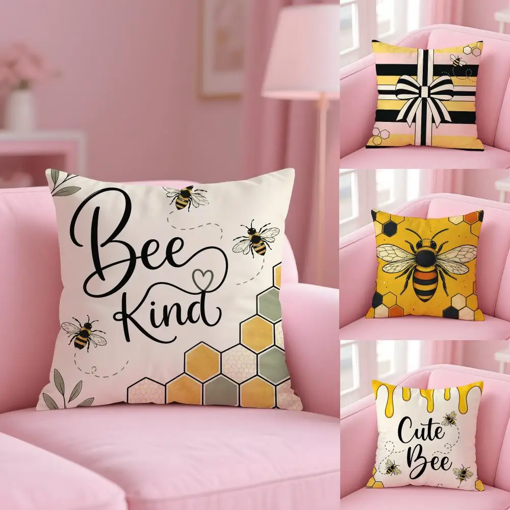 Honey Bees Cushion Cover Soft Short Plush Double-Sided Printing Home Decor Machine Washable Pillow Case Gift