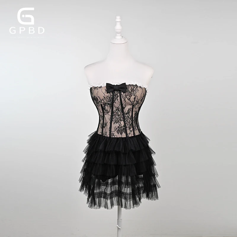 

Elegant Two Piece Sets for Women Strapless Backless Bowknot Tops High Waist Spliced Ruffles Skirts Chic Set Female Fashion
