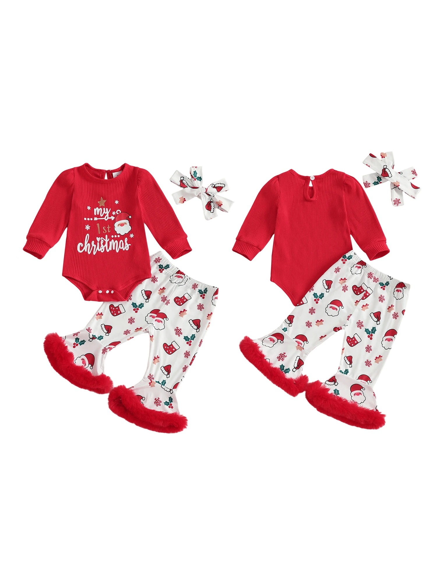 

Зимние праздничные наряды для маленьких девочек, боди с буквенным принтом, расклешенные брюки с рисунком оленя и повязка на голову с бантом, комплект из трех предметов для