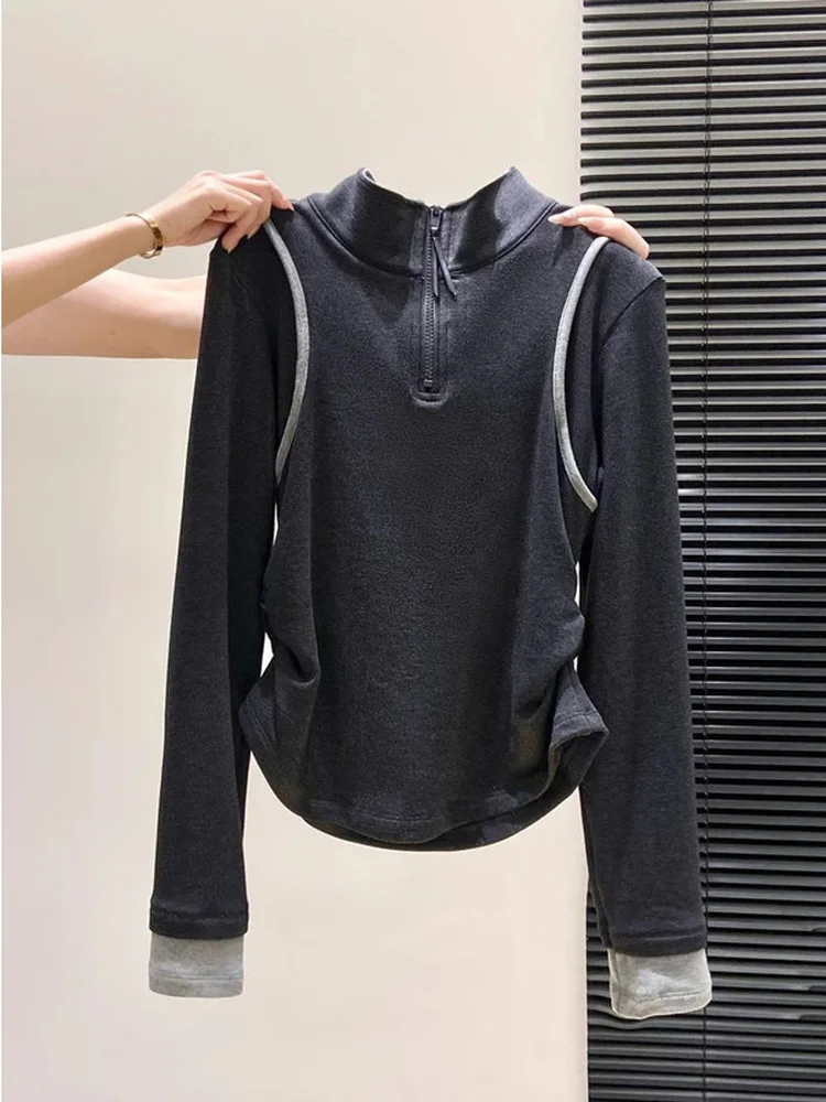 Korean Style Long Sleeve Fleece Lined Slim Fit Zipper Stand Collar Color Block Base Shirt Women's Autumn Winter Fashionable S...