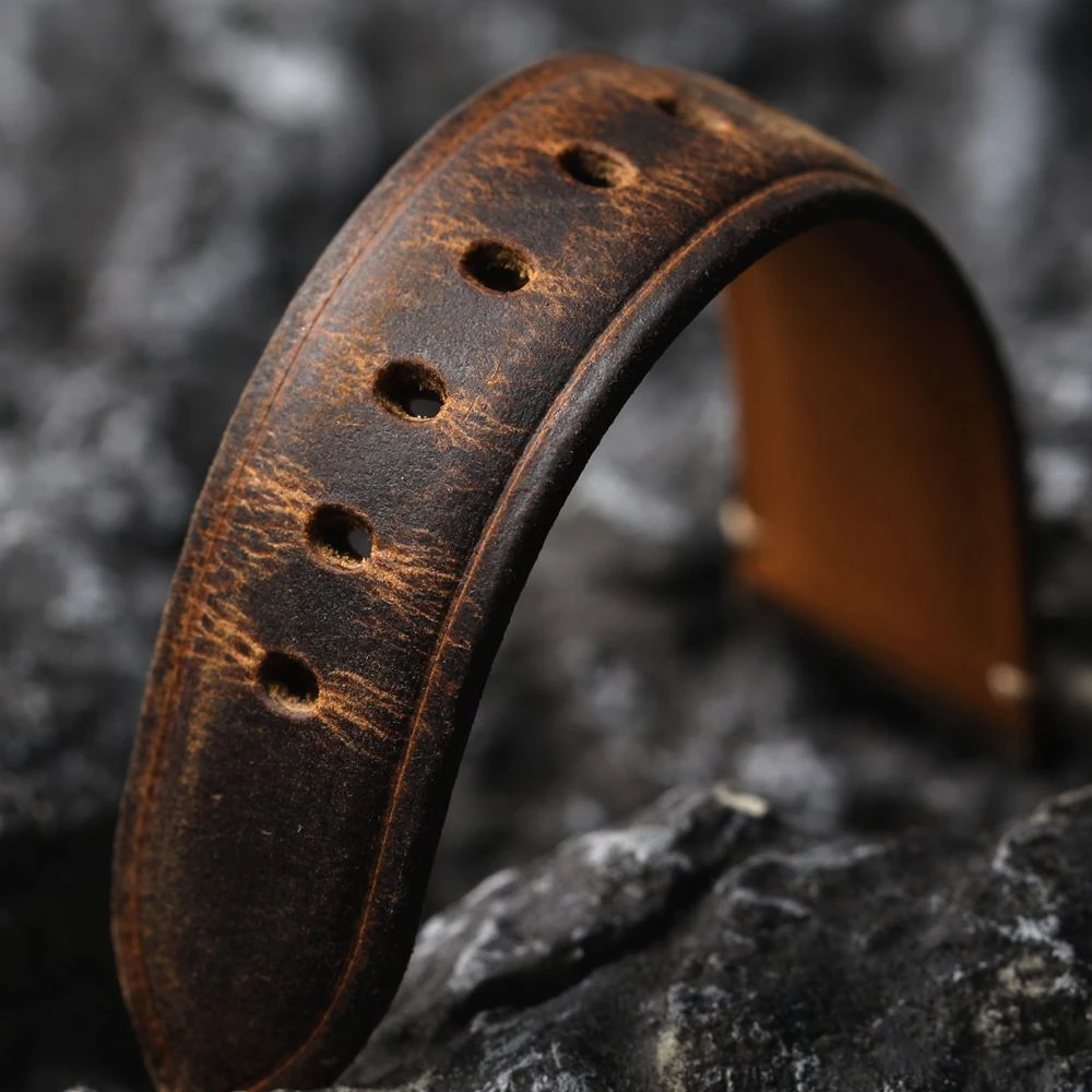 Handmade Head Layer Cowhide Watch Strap 18 19 20 21 22MM Oil Brown Vintage Genuine Leather Men\'s Thickened Bracelet, Retro Style
