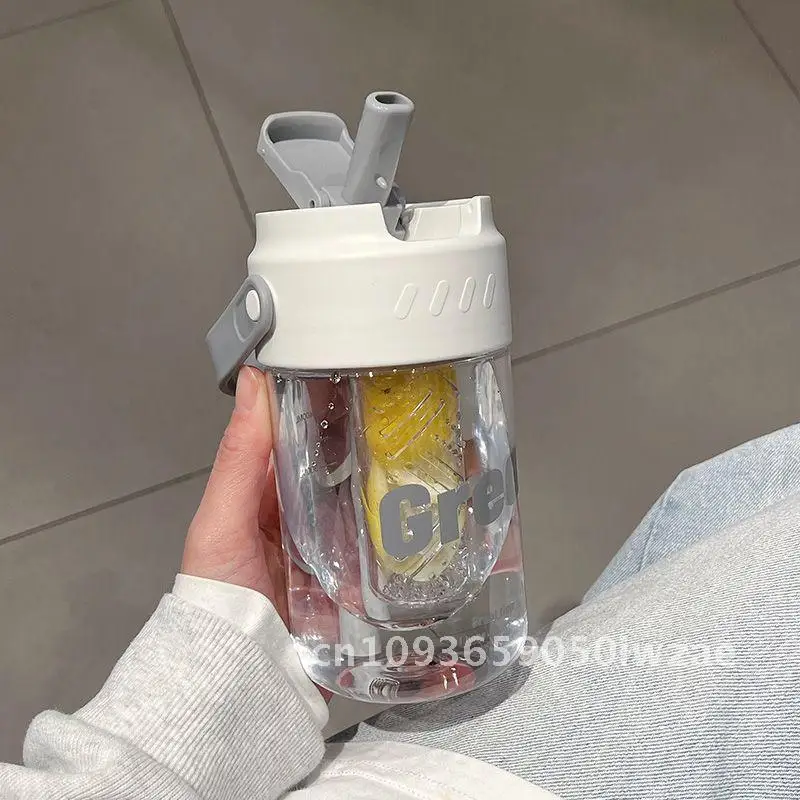 

Girl's High-Looking Large Capacity Flower Tea Cup Portable Sports Straw Cup with Tea Compartment White Green Pink PC Material