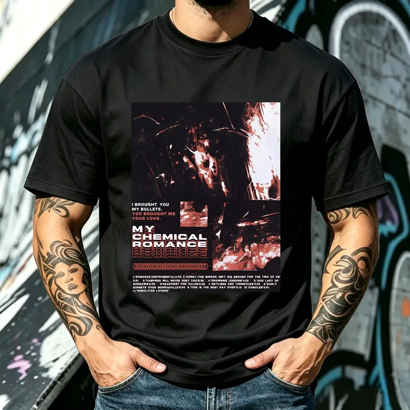 washed T Shirt my chemical romance outline repeat vintage Washed Breathable Comfortable Slightly designer clothes Stylish