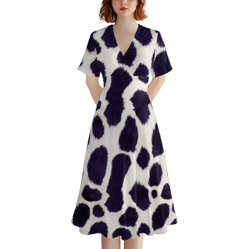 Women Geometry Print Dress Short Sleeve V-Neck A-Line Dress 0430
