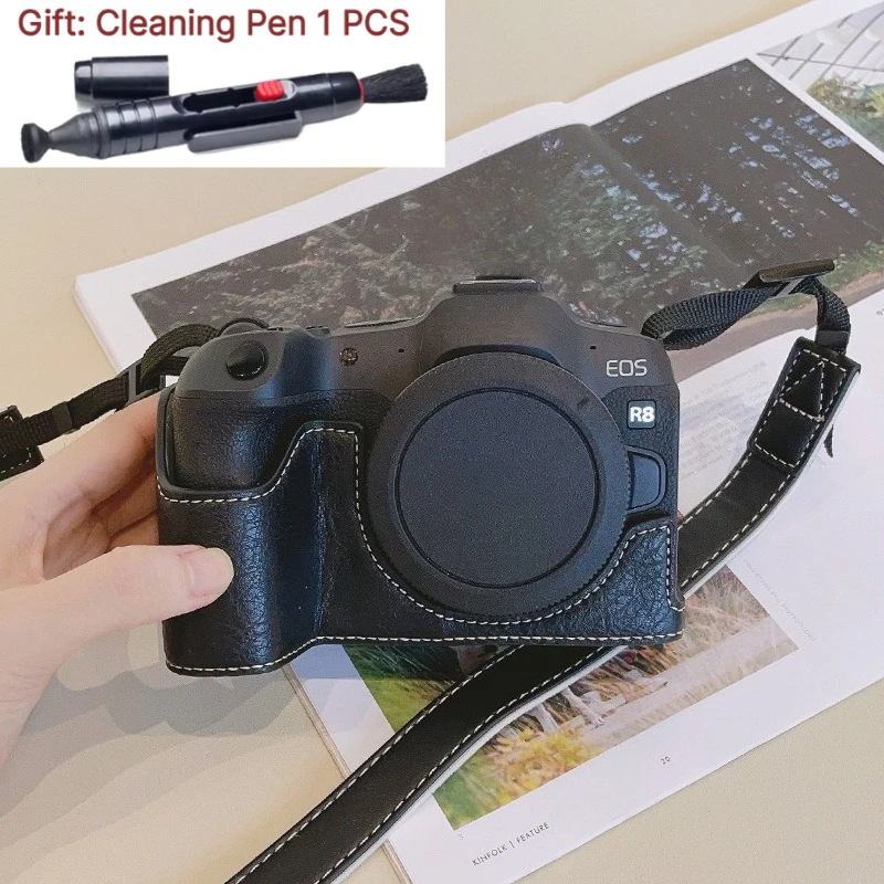 Funda de cuero PU, funda protectora para Canon R8 RP, base r8, bolsa para cámara micro-sencilla, funda portátil de medio tamaño + 1 bolígrafo de limpieza gratis