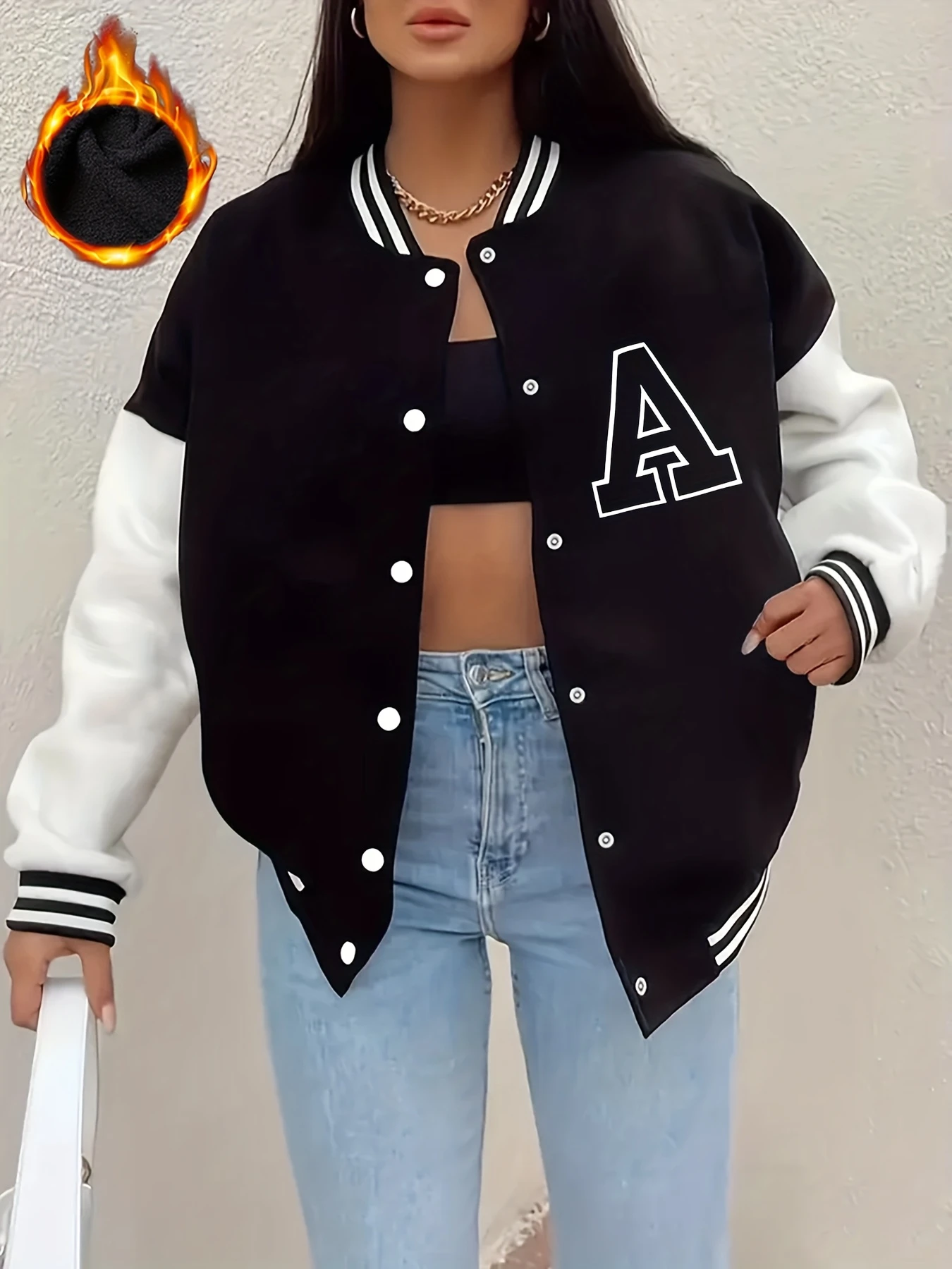 Women'S Fleece Baseball Jacket with Street-Style Letter A Print, Featuring Snap Buttons, Perfect for Casual Outdoor Sports