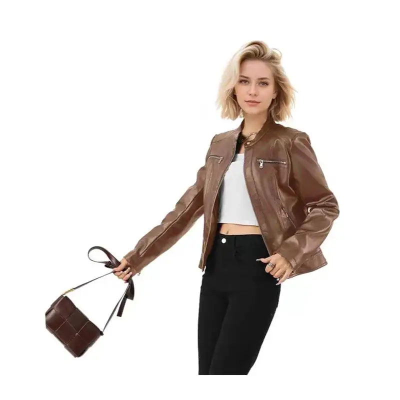 เสื้อแจ็คเก็ตมอเตอร์ไซค์ทรงเข้ารูปแฟชั่น 2024 รุ่นใหม่ เสื้อโค้ทหนังผู้หญิง แขนยาว ผ้าสำหรับเดินทาง