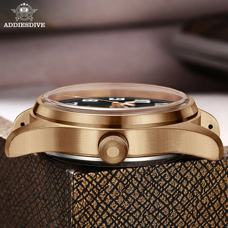 ADDIESDIVE Bronze Mechanical Wristwatches 200M Waterproof Automatic Watches Bubble Mirror Analog Watch Leather Luminous Retro