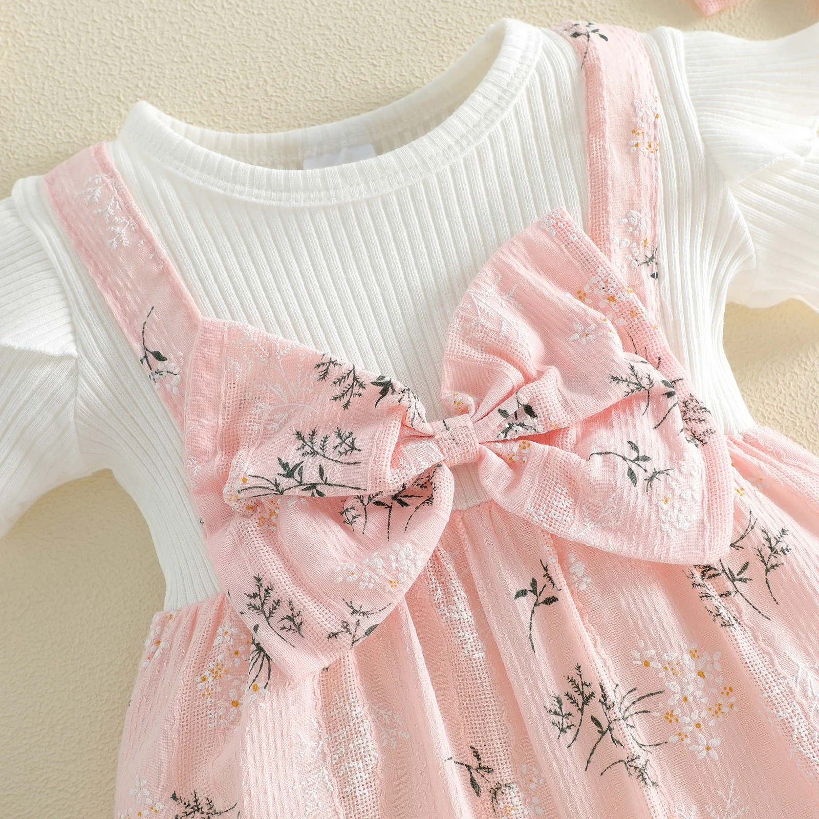 Baby Girl Summer Patchwork Outfit Floral Fake Two-Piece Short Sleeve Romper Bow Headband 2 Piece Set