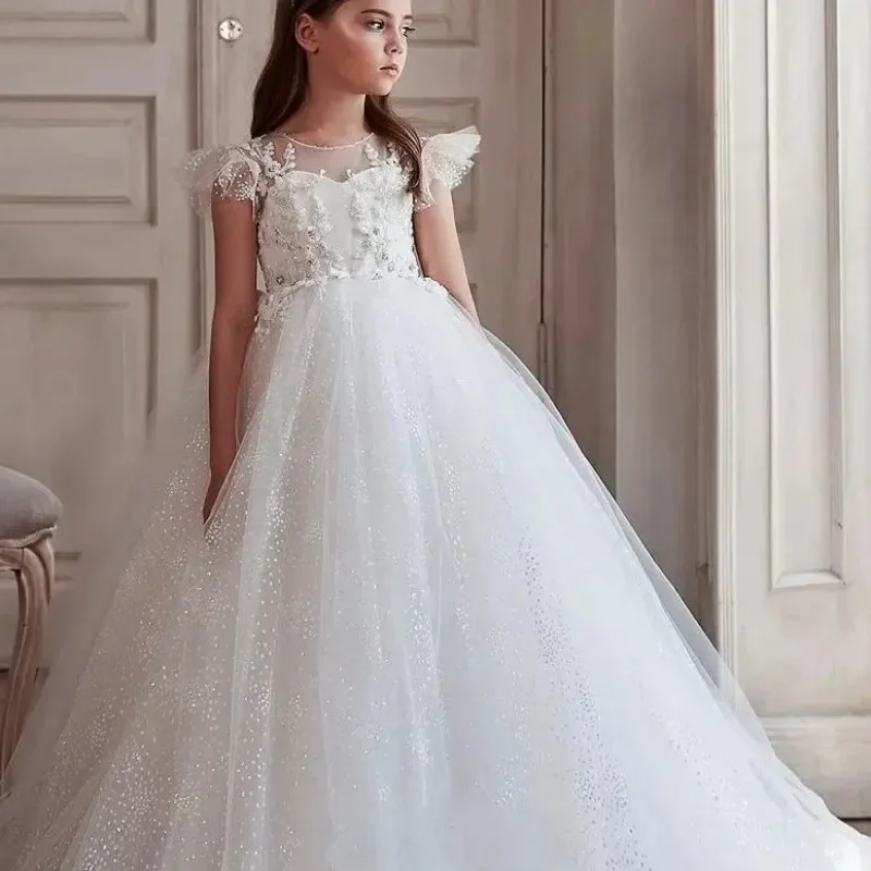 

Flower Girl Dress Glitter Tulle Appliques Short Sleeves Princess Pageant Kids Girl Wedding Birthday Party First Communion Gown