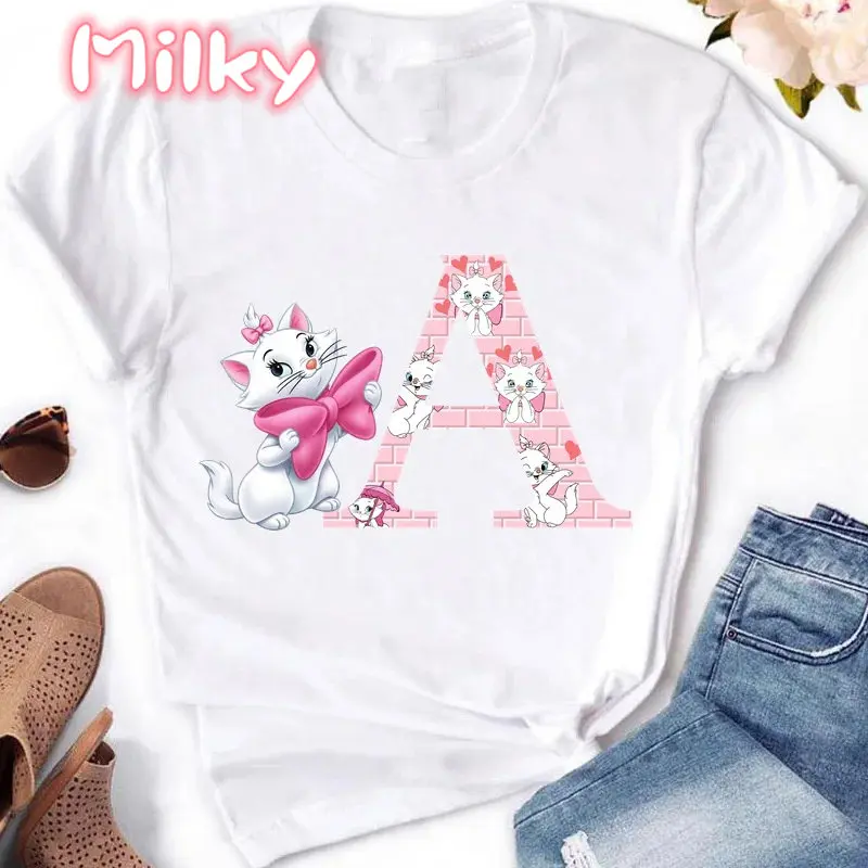 Marie Cat A-Z English Letters Short Sleeve Summer Women The Aristocats Print T Shirt Female Casual Top Tshirts Cartoon T-Shirt