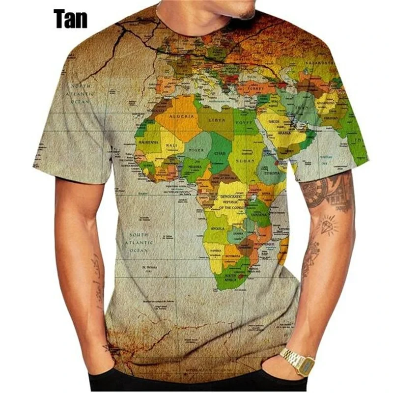 New Men's T-shirt World Maps Africa Graphic 3D Printning Casual T-Shirt Personality Fashion Tees Round Neck Short Sleeve Tops