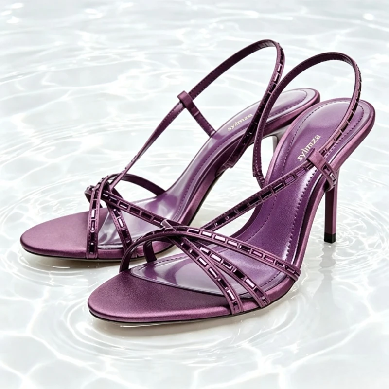 Shiny Rhinestone Detail Purple Heeled Sandals Women Fashion Round Toe Cross Tied Slingback Heels Sexy Open-toe Designer Shoes