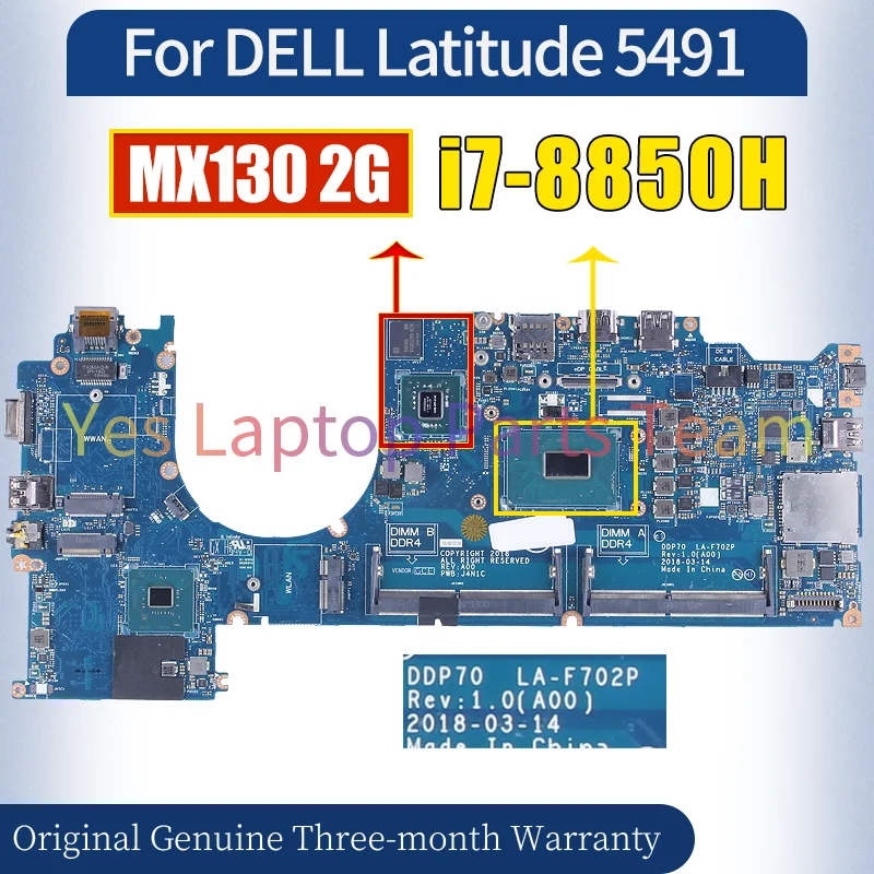 LA-F702P For DELL Latitude 5491 Laptop Mainboard i7-8850H MX130 2G N16S-GTR-S-A2 0TRCDC 062F8P Notebook Motherboard 100％ Tested